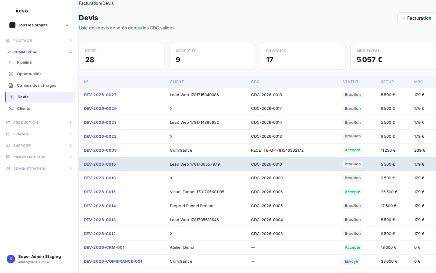 Interface facturation et devis Iresis